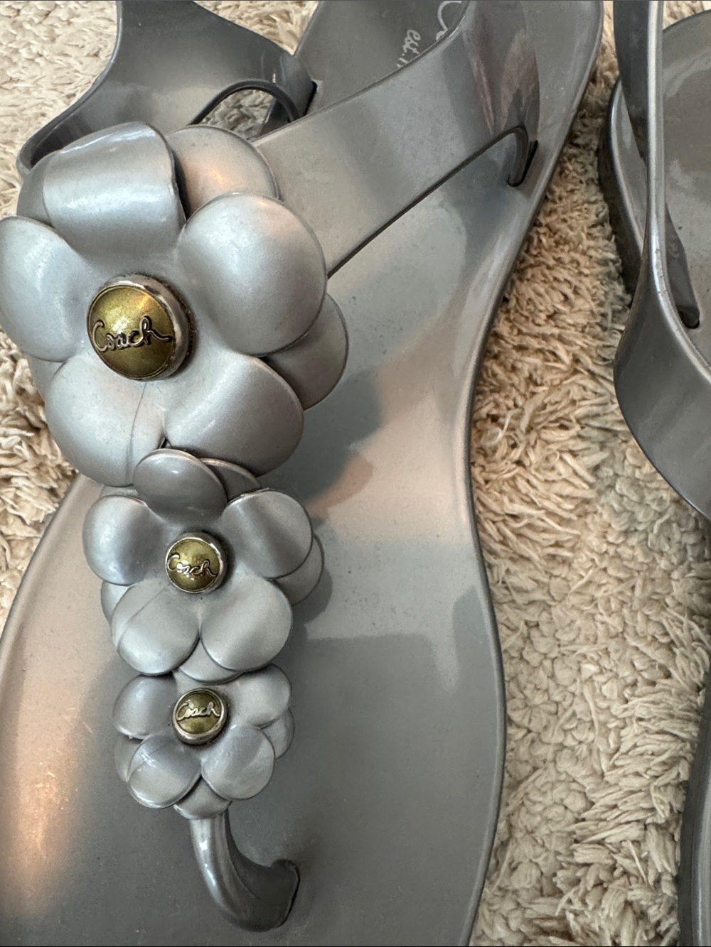 Coach Women's Silver Floral Jelly Sandals with Gold Accents size 10 - Picture 5 of 9